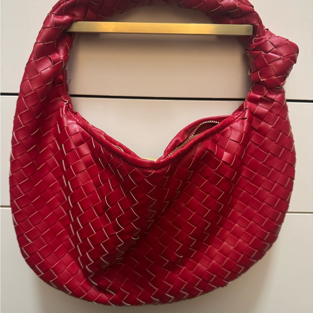 Red Woven Leather Hobo Bag